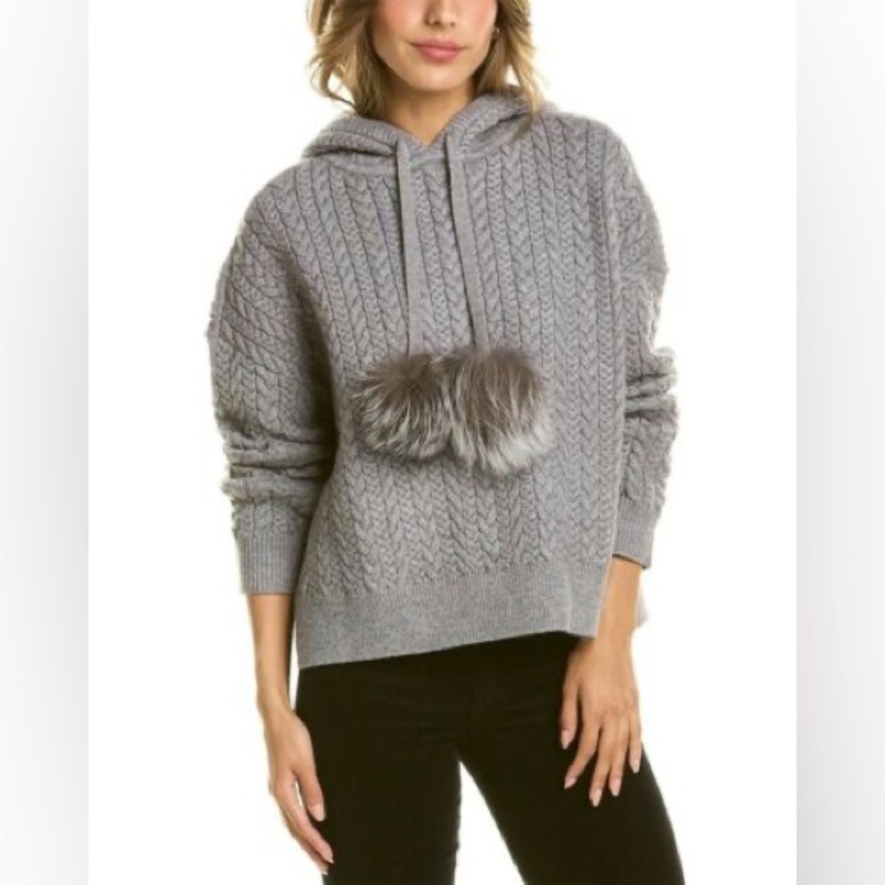 NWT Alice + Olivia Oscar Fur PomPom CableKnit Sweater Hoodie XS